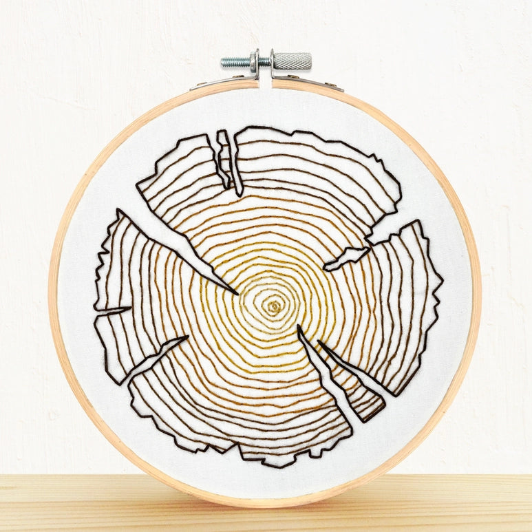 Embroidery DIY Craft kit- Tree rings completed work on a shelf with a white background