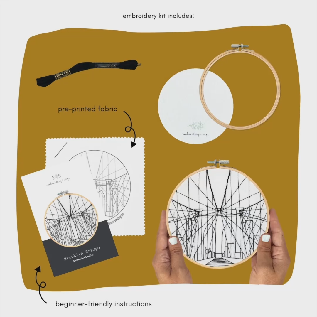 Contents of the Embroidery DIY Craft kit- Brooklyn Bridge/NYC with a mustard coloured background.