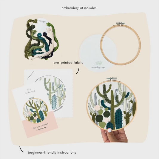 Contents of the Cactus Garden embroidery DIY kit. Featuring a 6"hoop featuring hand-stitched cacti and succulents in soft green and earthy tones on cotton fabric,. The packaging of the kit and a vibrant array of green threads .