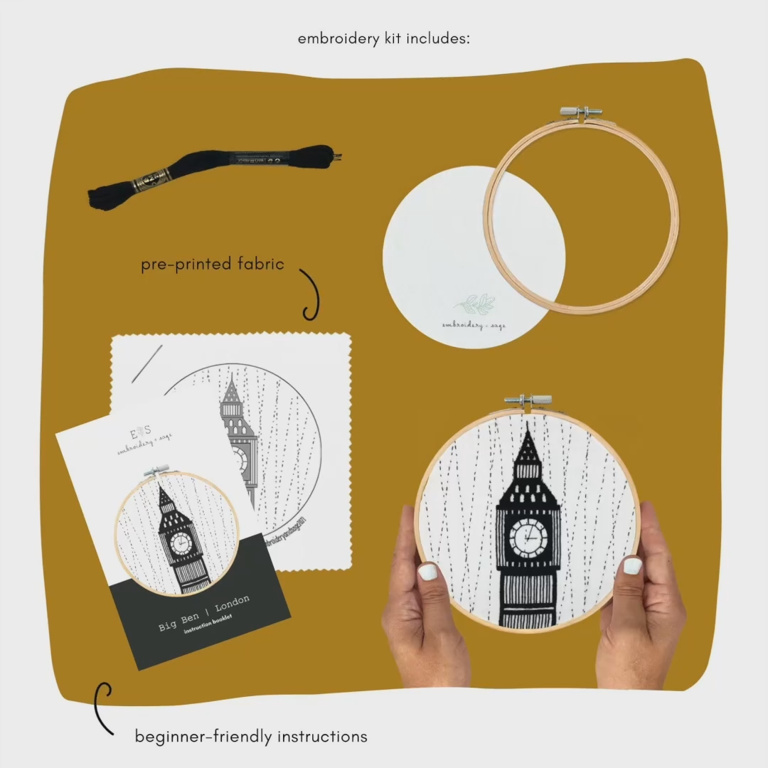 Big ben London embroidery kit displaying the contents of the DIY craft kit