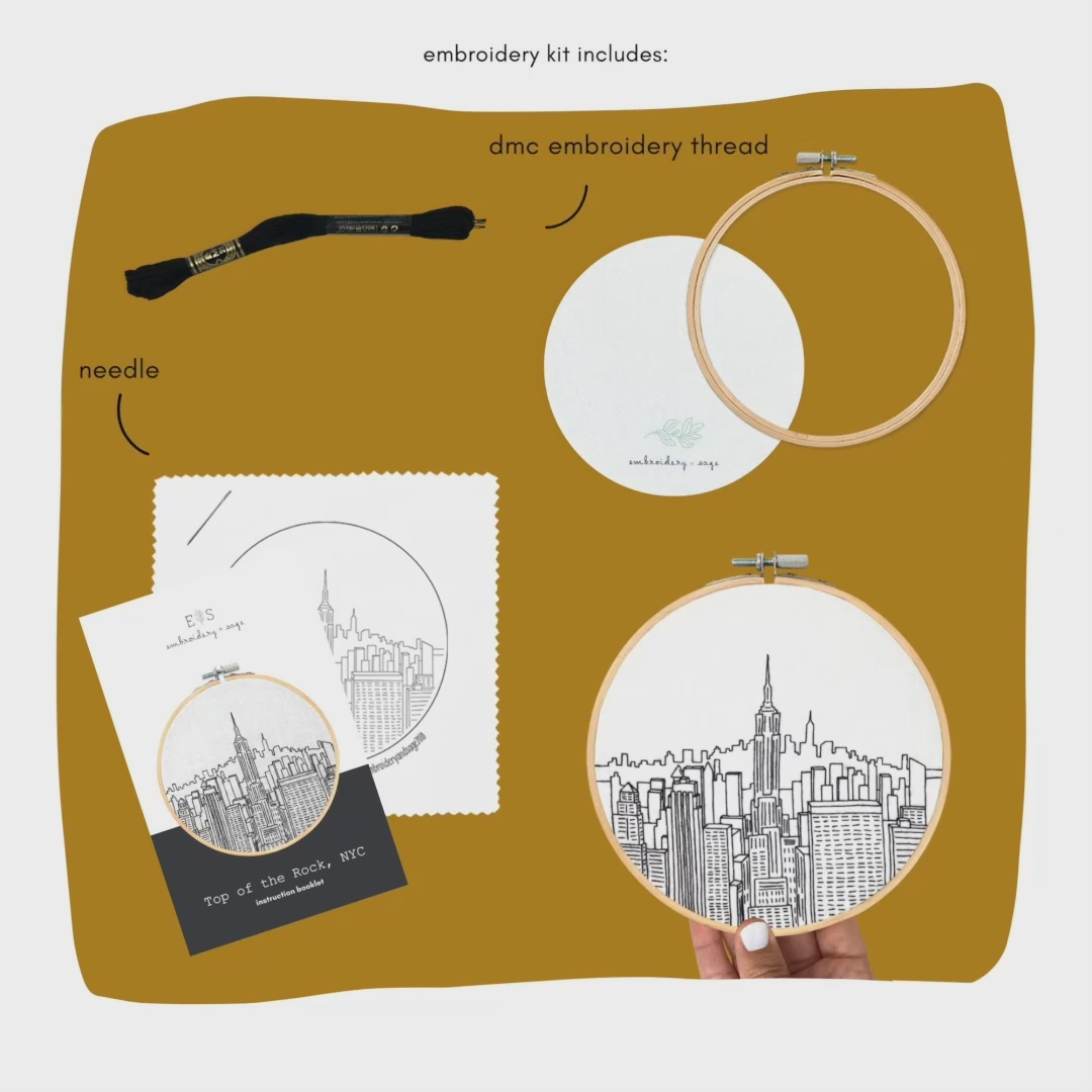 An embroidery kit display showing the contents of the packaging on a mustard background