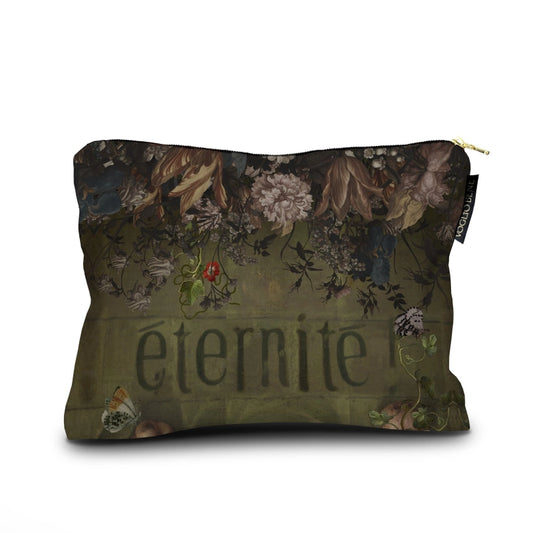 Back view of the eternity pouch features a green background with cascading florals. The word Eternite! is printed below.printed