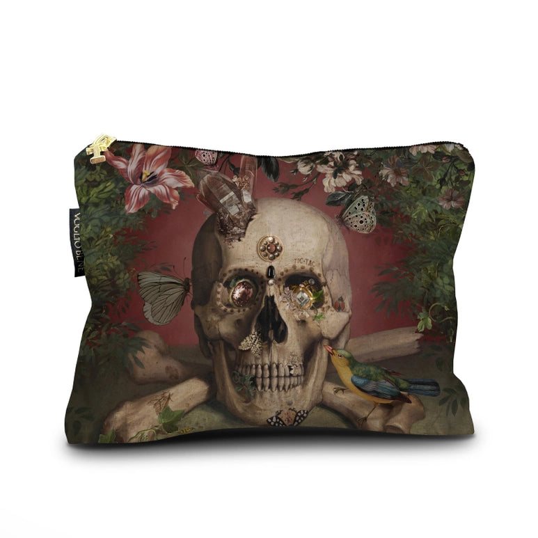 A velveteen zippered pouch featured a moody gothic image of a skull, butterflies and canary. The background is a burgundy colour with a floral edge.