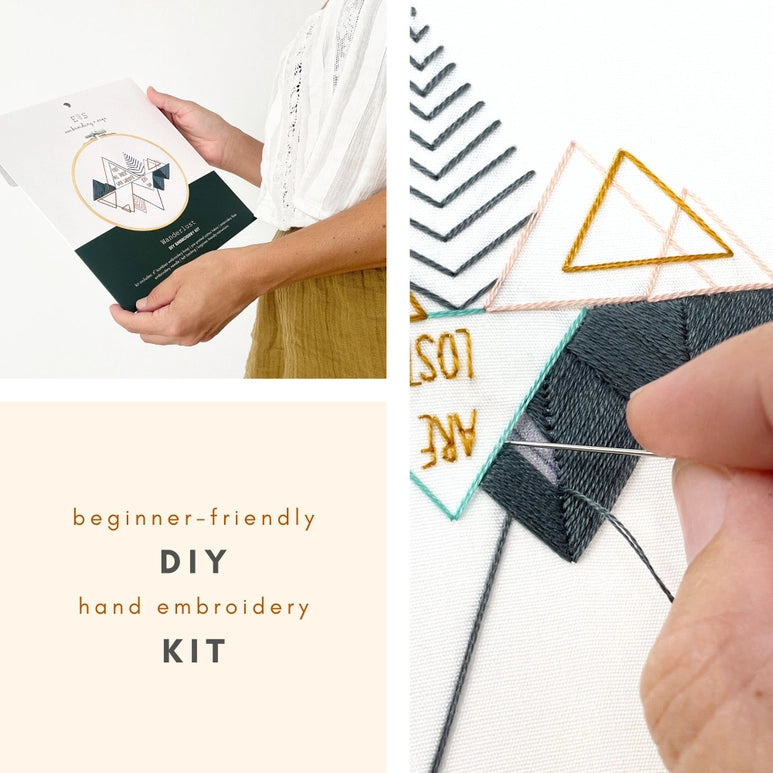 A lifestyle pic of someone holding the packaging of the Wanderlust embroidery package and a person doing needlepoint closeup.