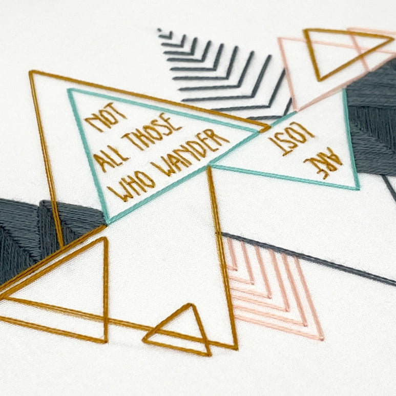 A closeup shot of the Wanderlust embroidery work.