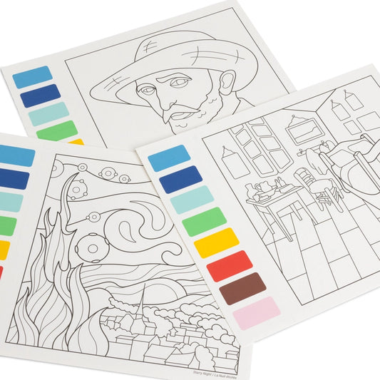 Three art coloring pages with black line art and color swatch strips, arranged on a white background.