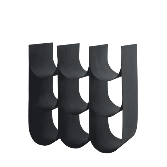 Side profile black scalloped 9 bottle wine rack on a white background.