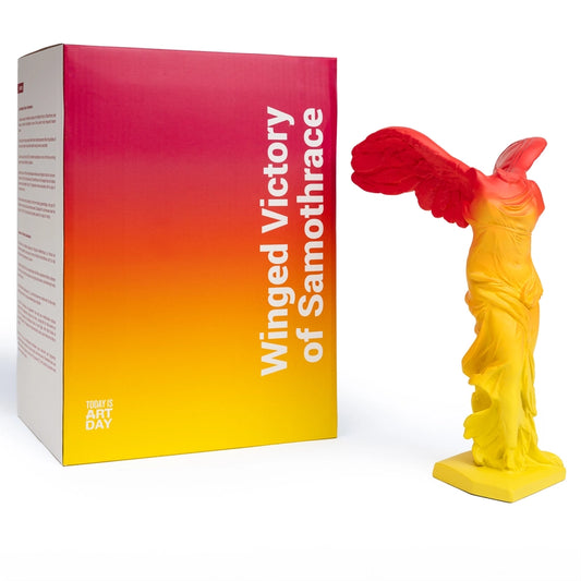 Red and yellow box with text that reads: Winged Victory of Samothrace , placed near the red and yellow statue on a white background.