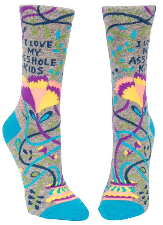 Front view of grey and blue , floral patterned BLUEQ women's crew socks-caption reads: I love my asshole kids on a white background