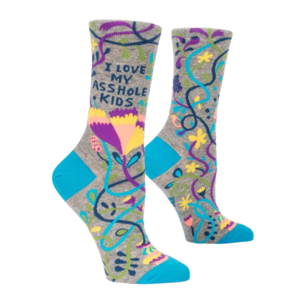 Side profile of grey and blue novelty socks by BLUEQ . The caption reads:-I love my asshole kids