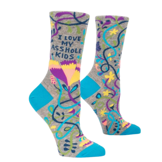 Side profile of grey and blue novelty socks by BLUEQ . The caption reads:-I love my asshole kids