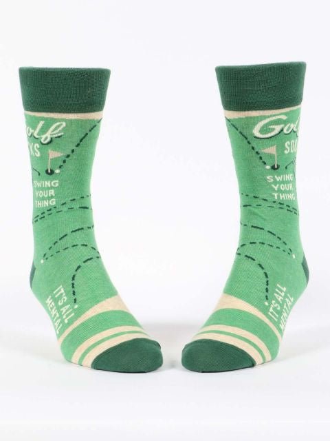 A pair of green BLUE Q Golf men’s crew socks , on a white background- Gizmo Gifts