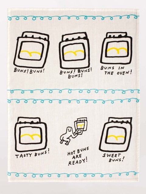 Open white BLUEQ Teatowel with five ovens-Text reads: Hot buns are ready! , Tasty Buns, Sweet Buns, Buns in the oven, Buns,Buns!- Gizmo Gifts