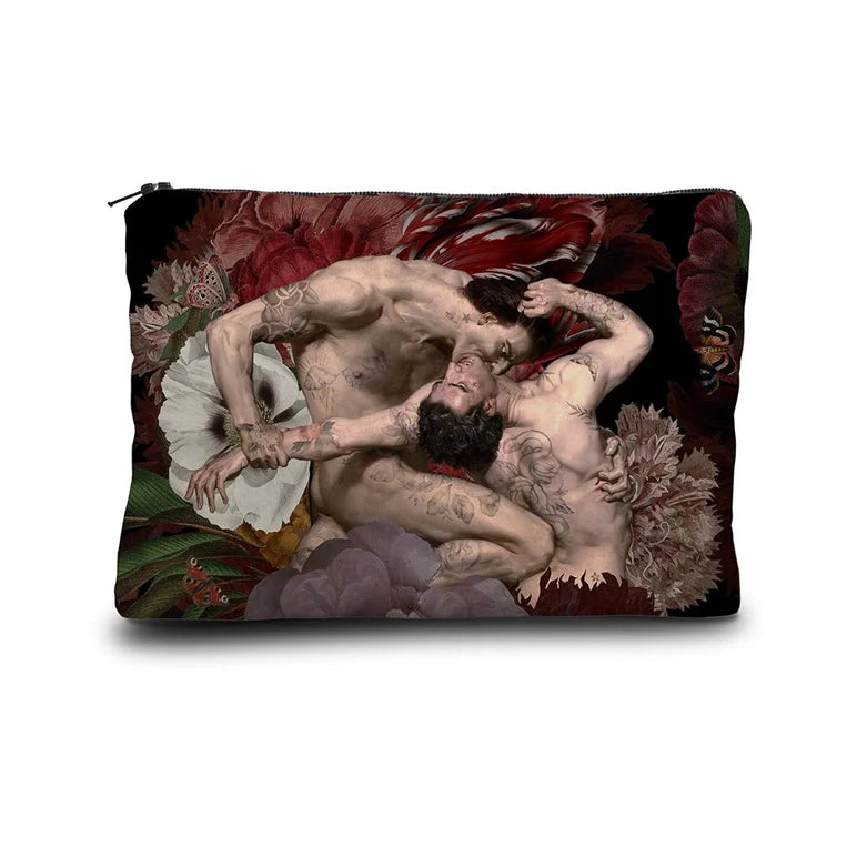 A Voglio Bene designer pouch, featuring two tattooed nude tattooed figures embracing on a crimson floral background-Gizmo Gifts on