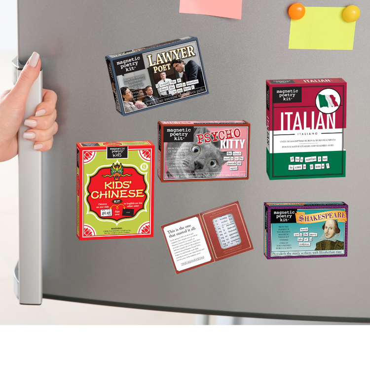 A hand on a refrigerator door handle. The fridge displays a collection of various themed Magnetic Poetry kits.