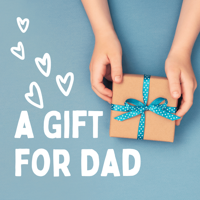 Father’s Day Gift ideas collection - Text reads: A gift for dad. A pair of hands holds a gift box, the background is blue with five love hearts rising from the text.Gizmo Gifts