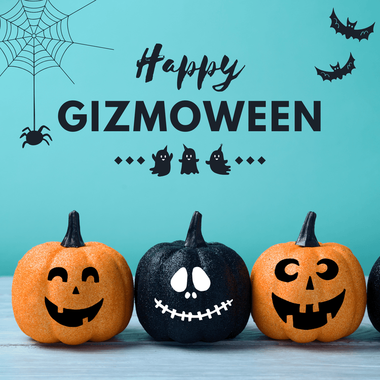 Happy Gizmoween black text on a blue background. Three creepy smiling pumpkins at the foreground, two are orange and one is black. a black spider hangs from a web top left corner and two bats fly at the right hand corner.