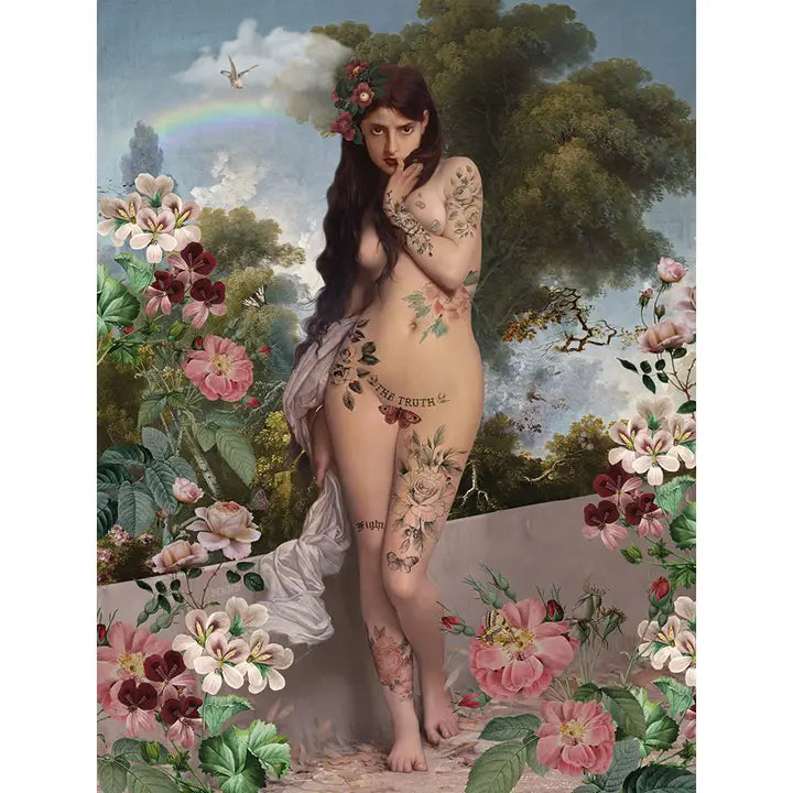 A Voglio Bene  A3 poster depicting a Pre-Raphaelite style maiden with tattoos amongst full bloom, rainbow background