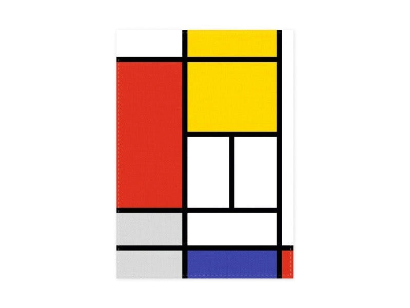 Abstract art with geometric shapes in red, yellow, blue, and white on a white background