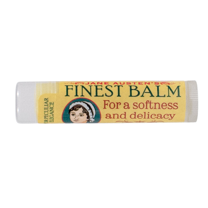 Lip balm labeled 'Jane Austen's Finest Balm' on a white background