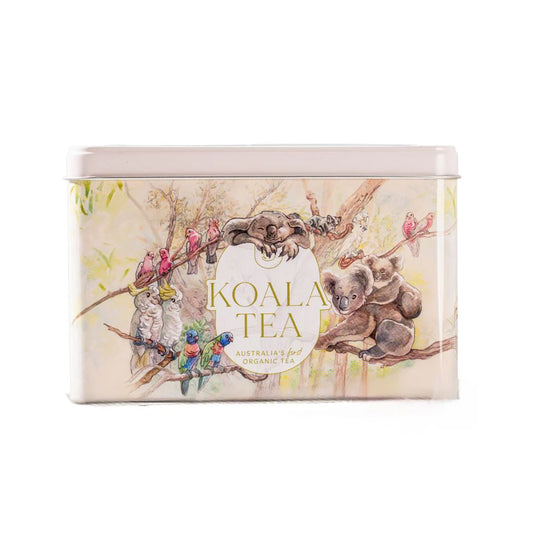 Koala Tea packaging with illustrations of koalas and birds on a white background