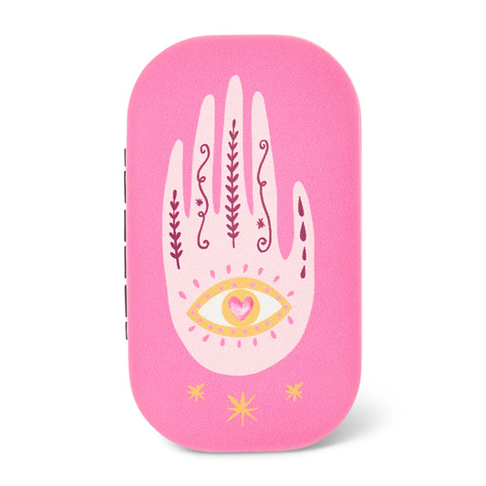 Pink safe-keeping case 8x5cm with a white hand design featuring an eye and heart on a white background