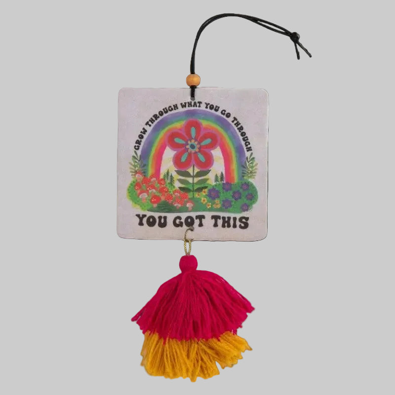 Colourful Hanging air freshener with assle and print that reads: You got this