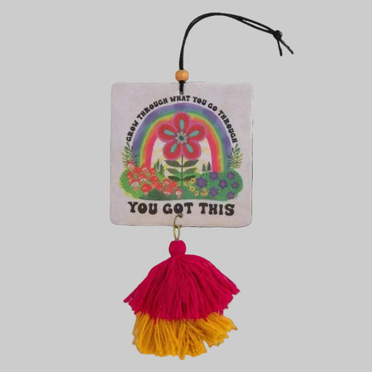 Colourful Hanging air freshener with assle and print that reads: You got this