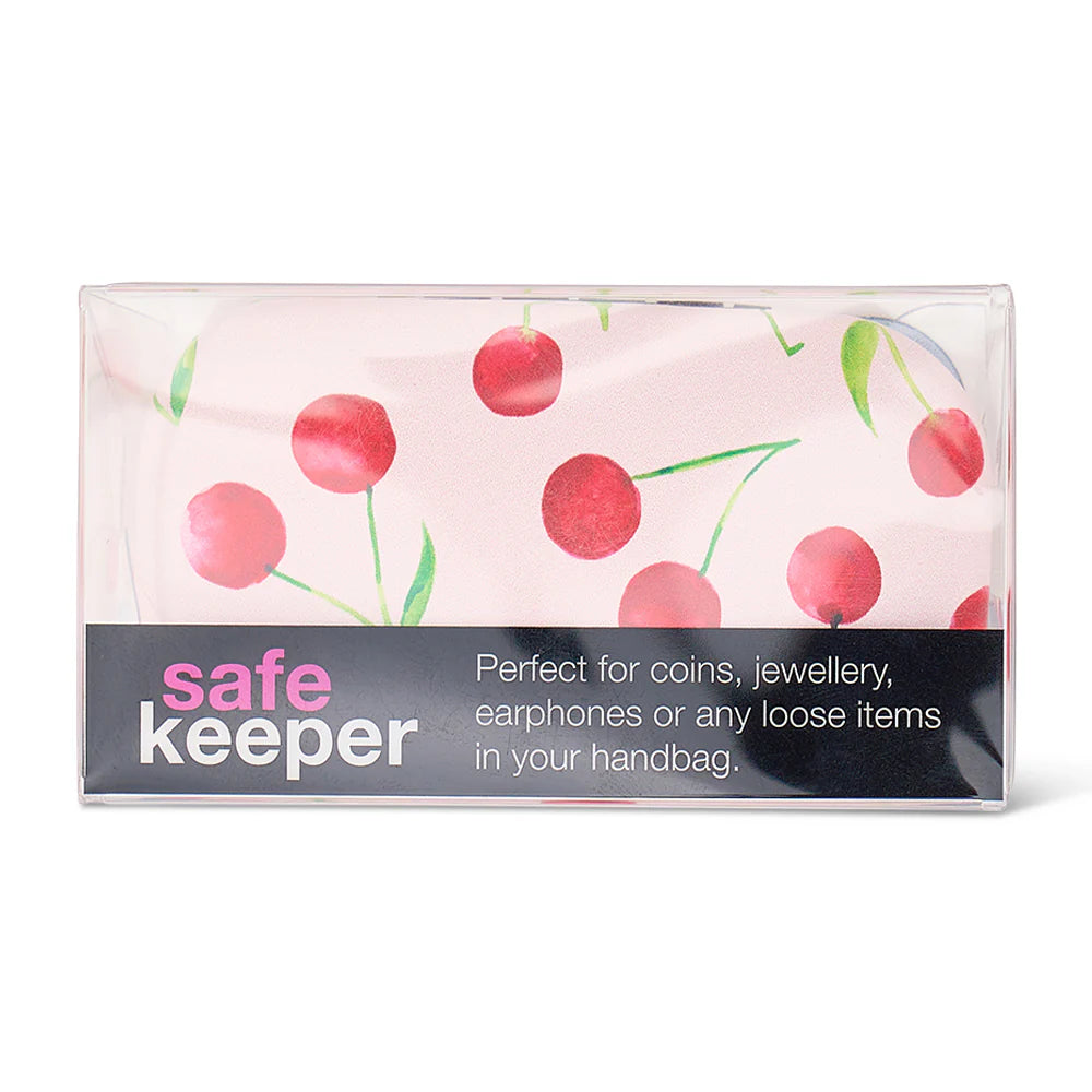 Packaged product with cherry design and 'safe keeper' text on a white background
