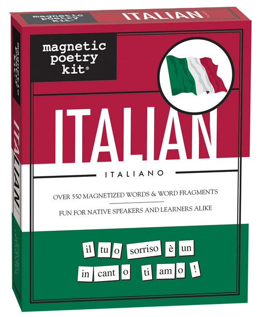 Italian Magnetic Poetry kit on a white background