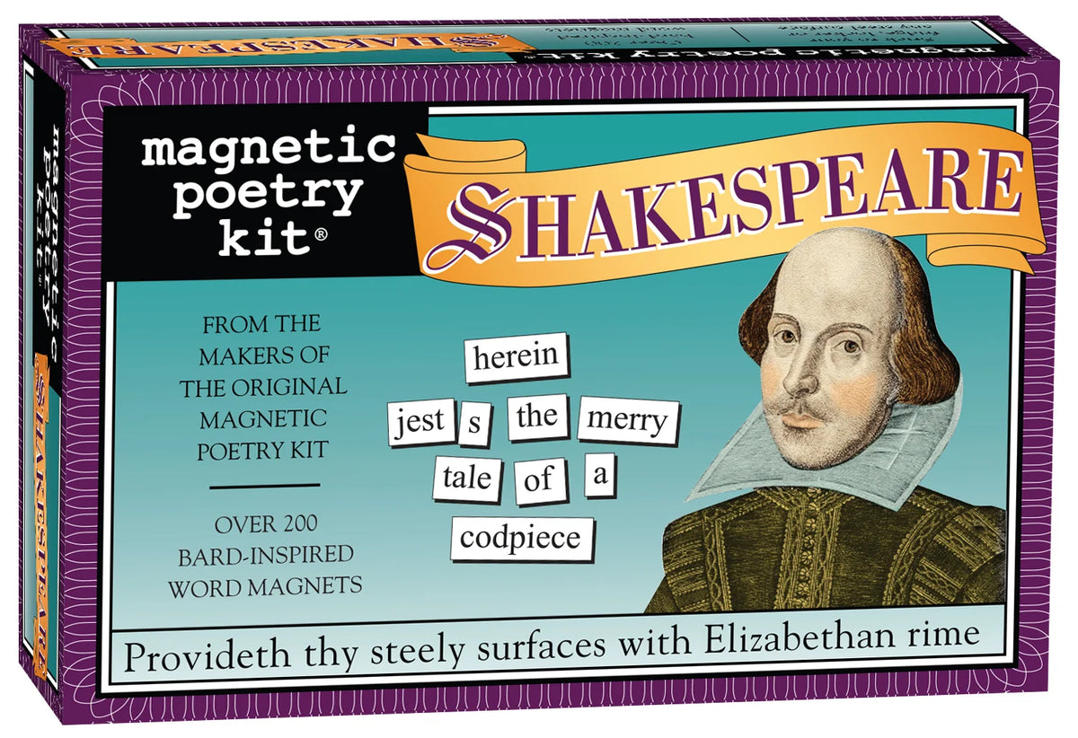 A blue box with a purple border is playing a cartoon image of Shakespeare and a heading that reads: Magnetic poetry kit Shakespeare