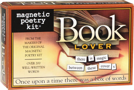A brown box featuring text that reads, Magnetic poetry kit Book Lover and, a cartoon image of books.
