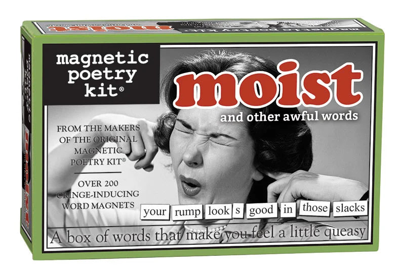 A green box of Moist Magnetic Poetry shows a woman blocking her ears and text down below on a white background.
