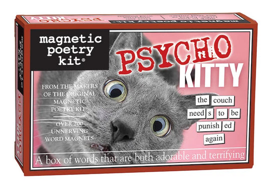 A pink box of Psycho Kitty magnetic poetry kit. A grey cat close up   nd text on a white background.