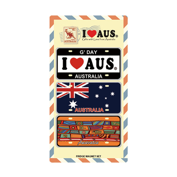 Aussie souvenir fridge magnets- Car plate style/flag trio