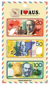 Aussie souvenir fridge magnets- Money/dollars car plate style trio