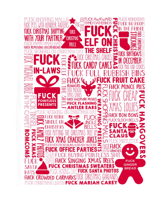 White poster with red profanity text and Christmas-themed icons on a white background