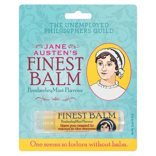 Packaging of Jane Austen's Finest Balm with a portrait of a woman on a blue background.