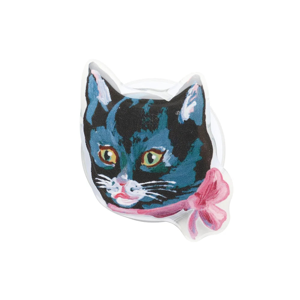 Phone grip of a black cat face with a pink bow on a white background