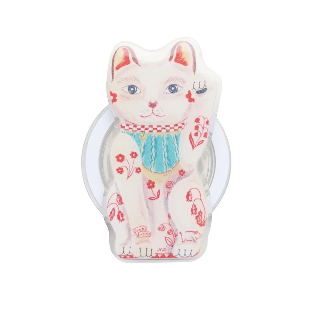 Decorative cat-shaped phone grip with colorful design on a white background