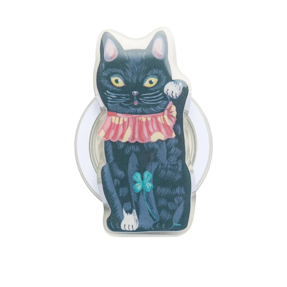 Phone grip with a black cat design on a white background