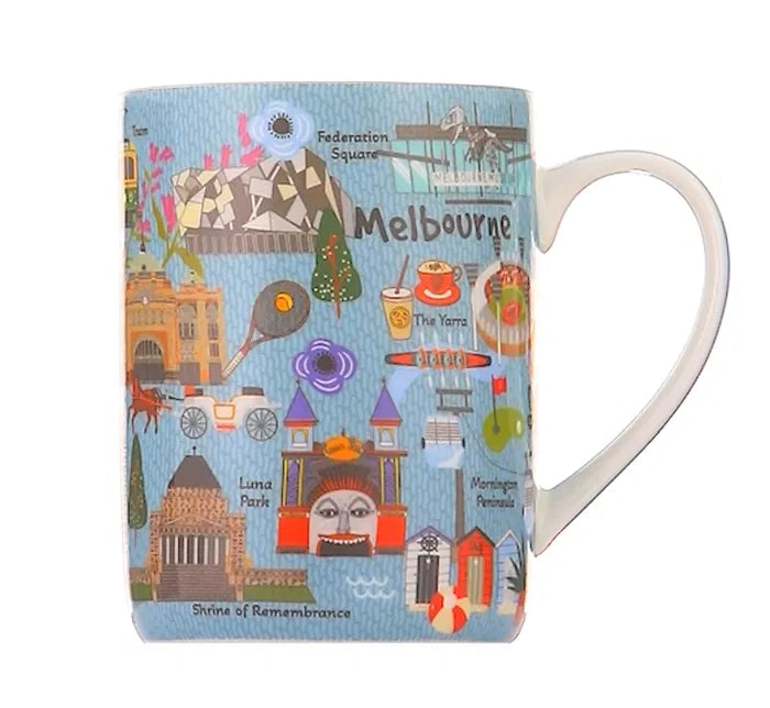 Mug with Melbourne-themed design featuring landmarks and icons on a blue background
