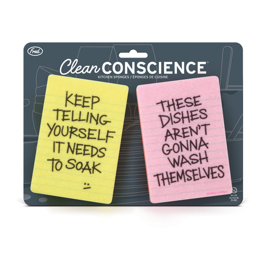A yellow and pink sponge with written text with a grey backing board.
