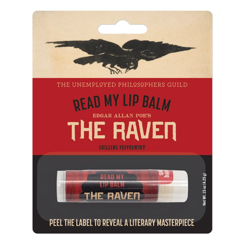 Lip balm packaging with 'The Raven' theme from The Unemployed Philosophers Guild