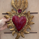 Mexican wall art- Red tin heart with gold flames