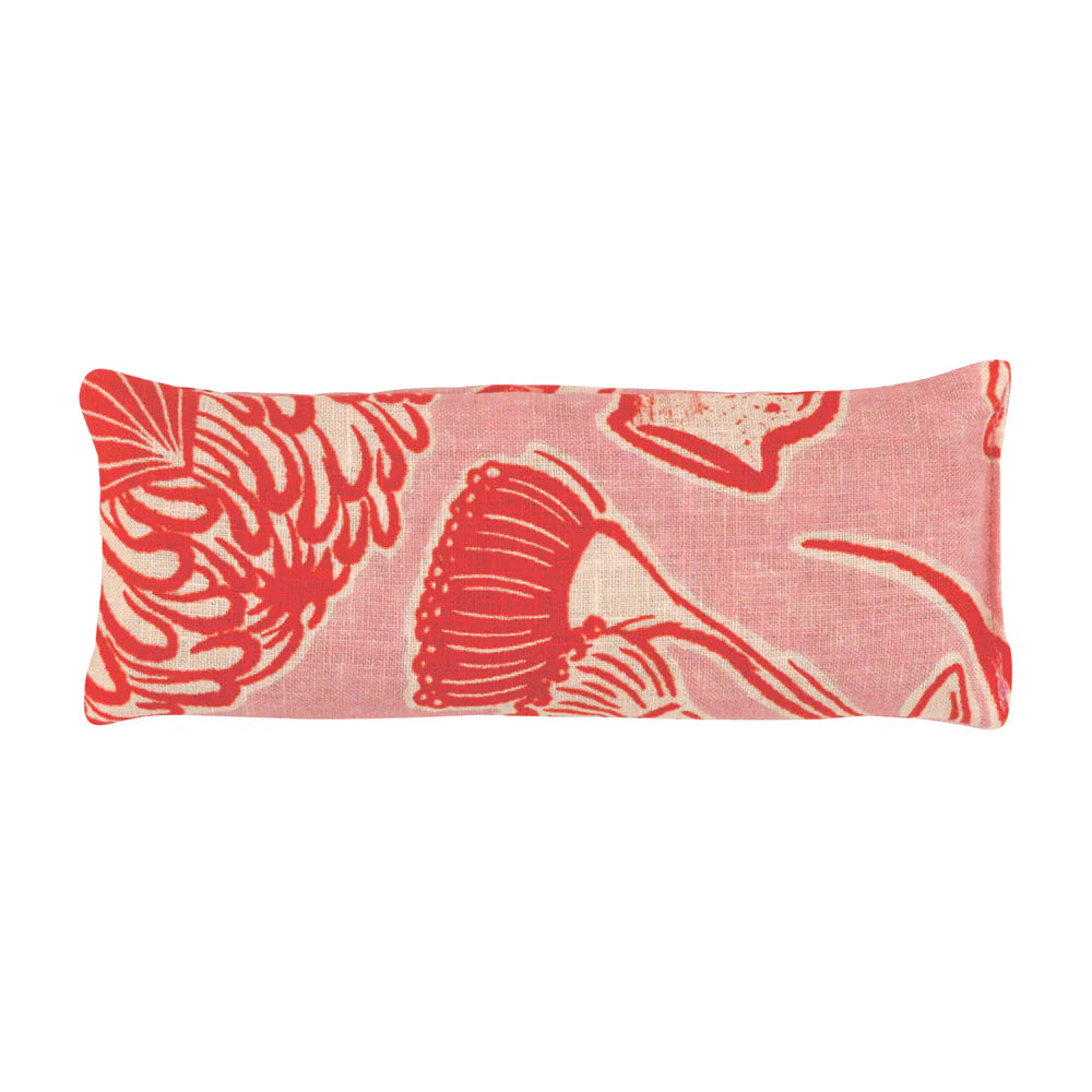 Rectangular fabric pouch with red floral pattern on a pink background