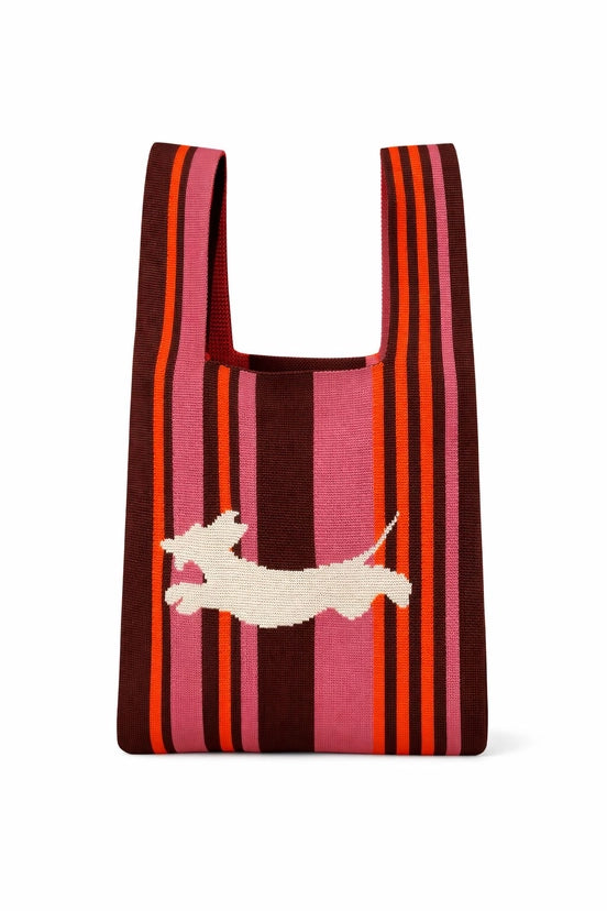 Striped reusable bag with a dog design on a white background
