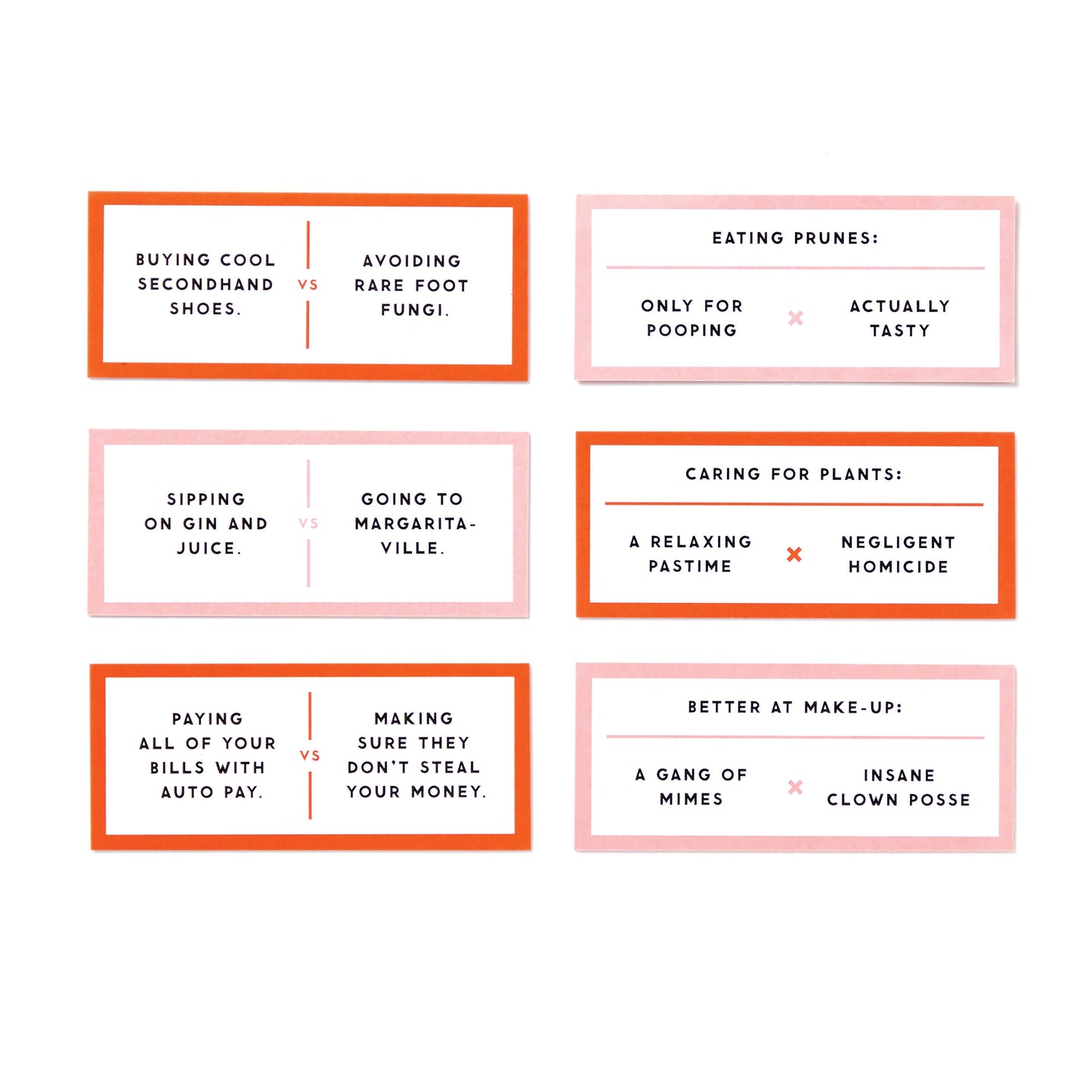Set of humorous comparison cards with text on a white background