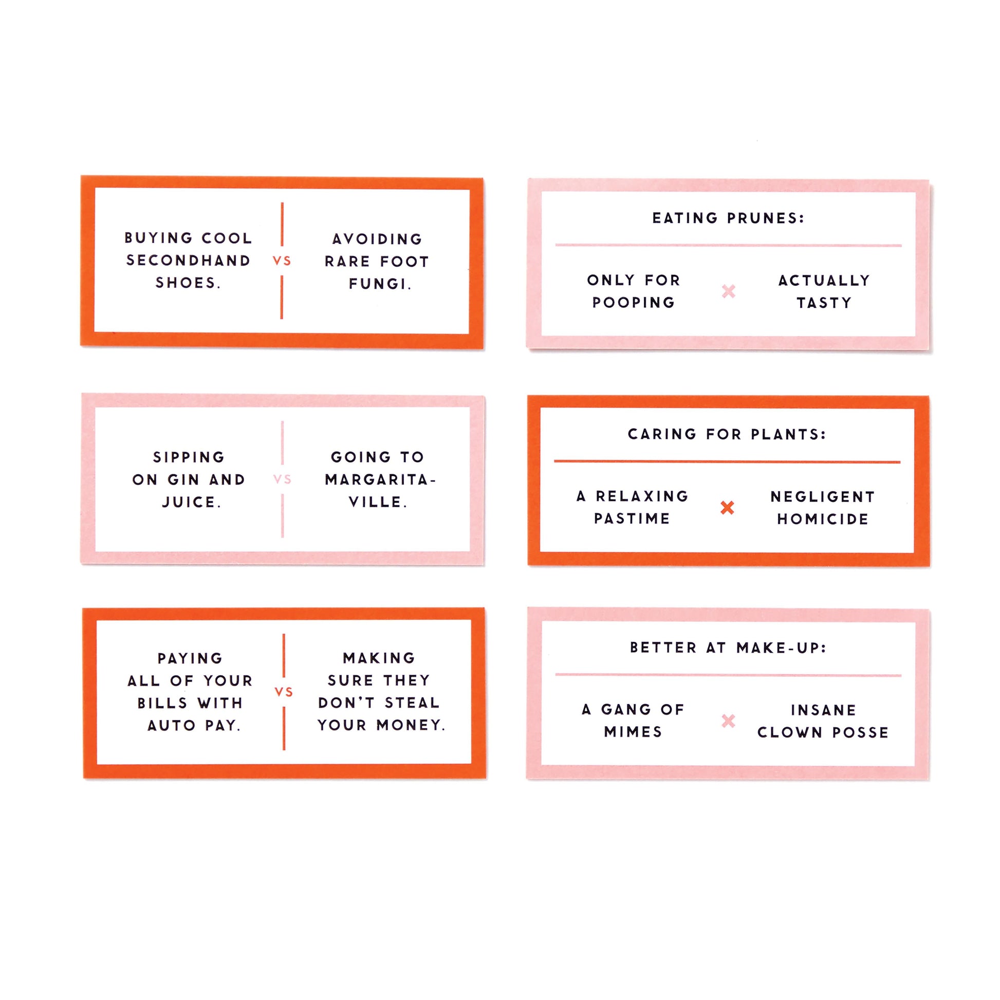 Set of humorous comparison cards with text on a white background