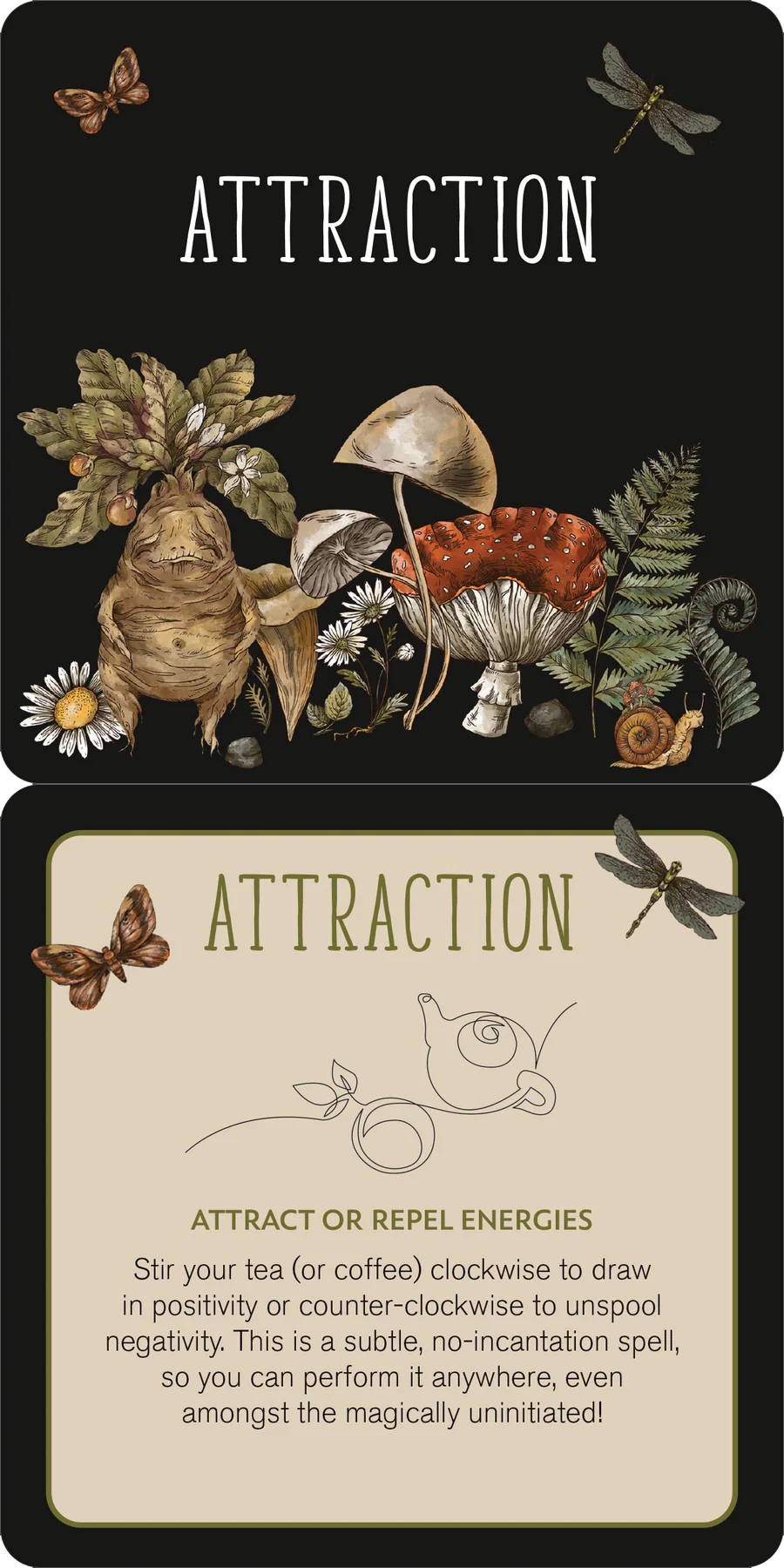 Card with nature-themed design and text about attracting energies.